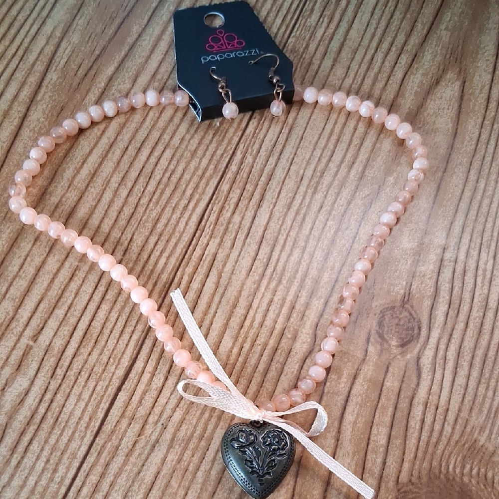 Paparazzi Peach Beaded Heart Necklace Set